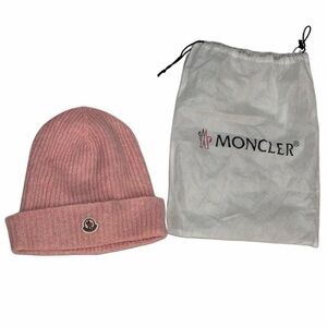 Moncler Authentic Wool Ribbed Knit Logo Beanie Hat Pink with Original Dust Bag